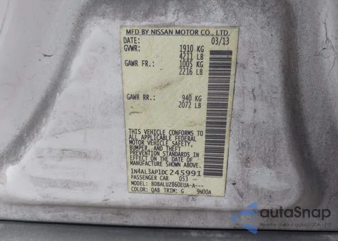 2013 Nissan Altima 2.5 Sv z USA, uszkodzony, nr VIN 1N4AL3AP1DC245991